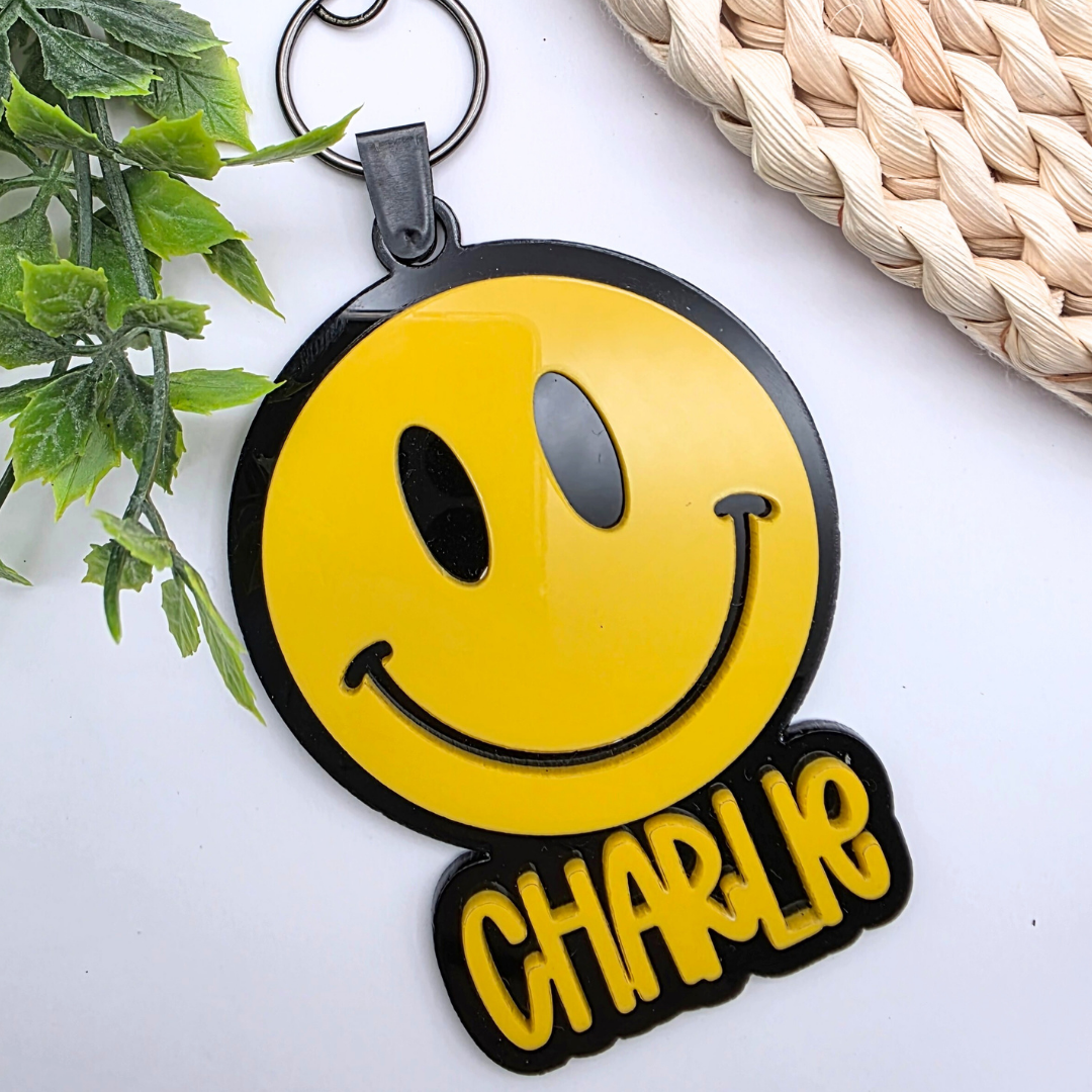 Custom NFC Smiley Face Emergency Contact Tag - Personalized Safety Keychain | Heart Eyes, Lightning Bolt or Classic Face | Tap with Phone