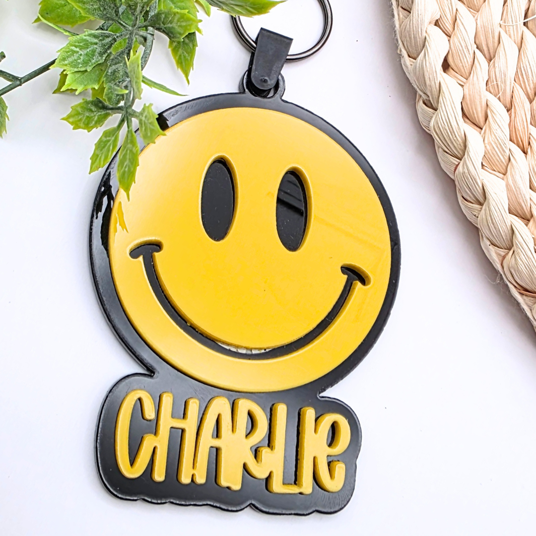 Custom NFC Smiley Face Emergency Contact Tag - Personalized Safety Keychain | Heart Eyes, Lightning Bolt or Classic Face | Tap with Phone