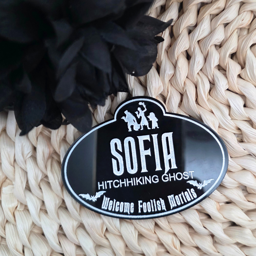 Personalized Haunted Mansion Cast Member Name Badge - Custom Acrylic Tag in Black or White - Spooky Souvenir Keepsake