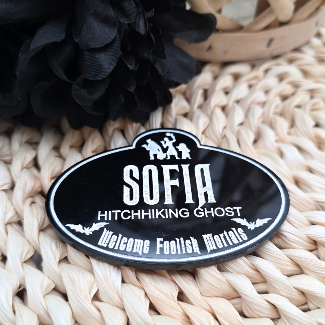 Personalized Haunted Mansion Cast Member Name Badge - Custom Acrylic Tag in Black or White - Spooky Souvenir Keepsake