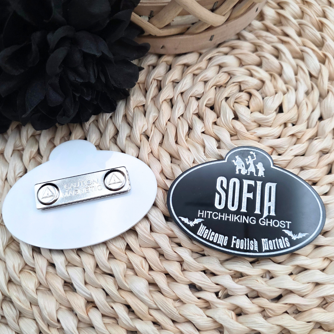 Personalized Haunted Mansion Cast Member Name Badge - Custom Acrylic Tag in Black or White - Spooky Souvenir Keepsake