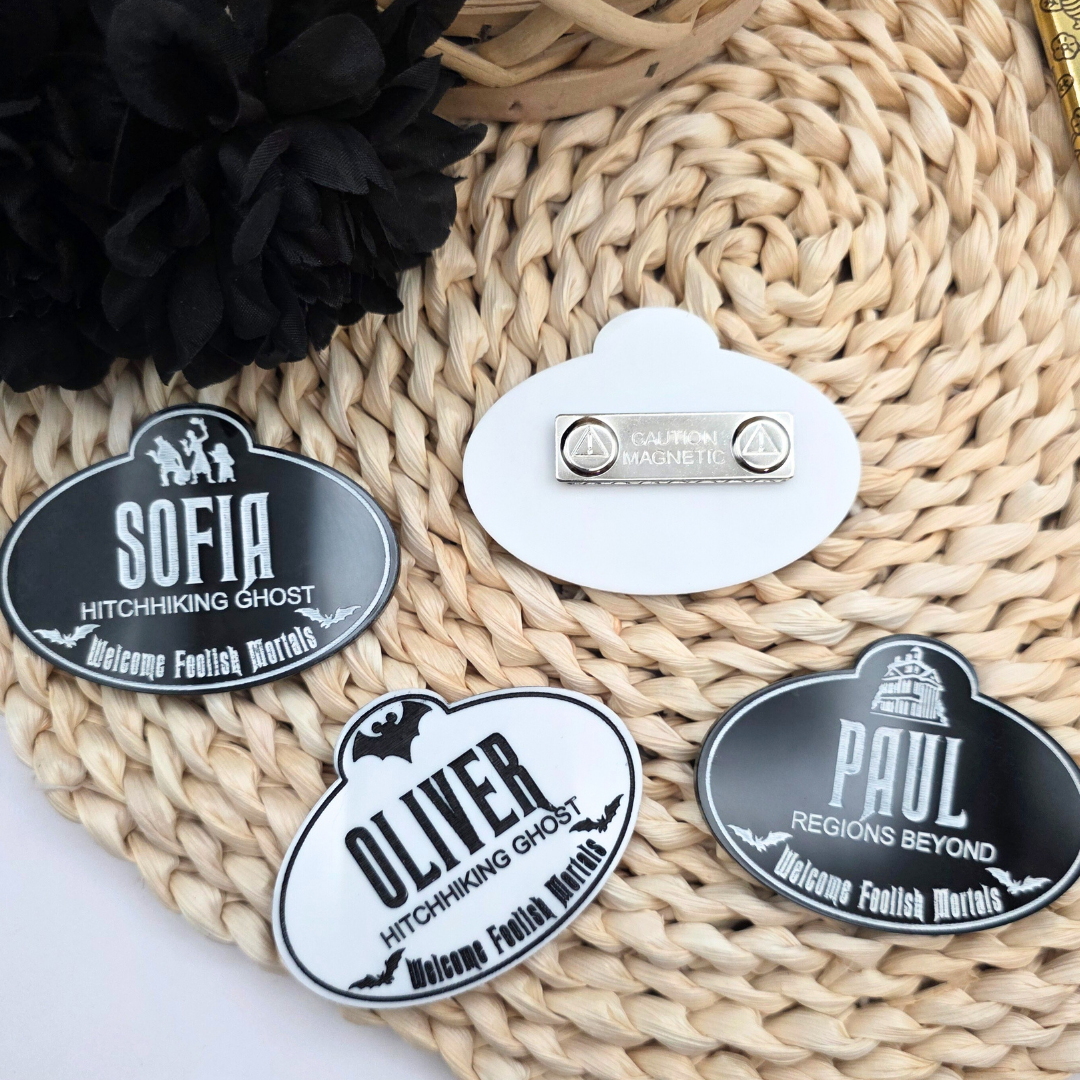 Personalized Haunted Mansion Cast Member Name Badge - Custom Acrylic Tag in Black or White - Spooky Souvenir Keepsake