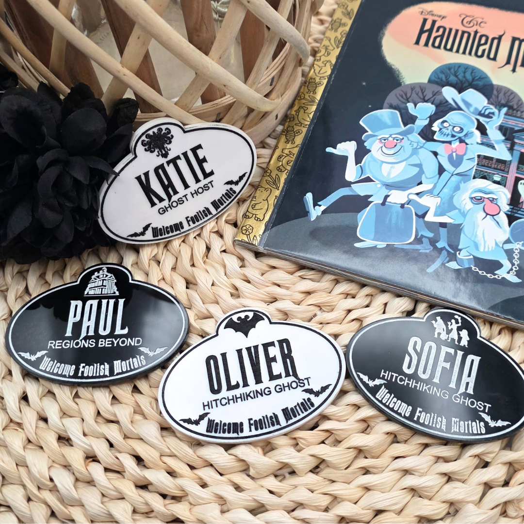 Personalized Haunted Mansion Cast Member Name Badge - Custom Acrylic Tag in Black or White - Spooky Souvenir Keepsake
