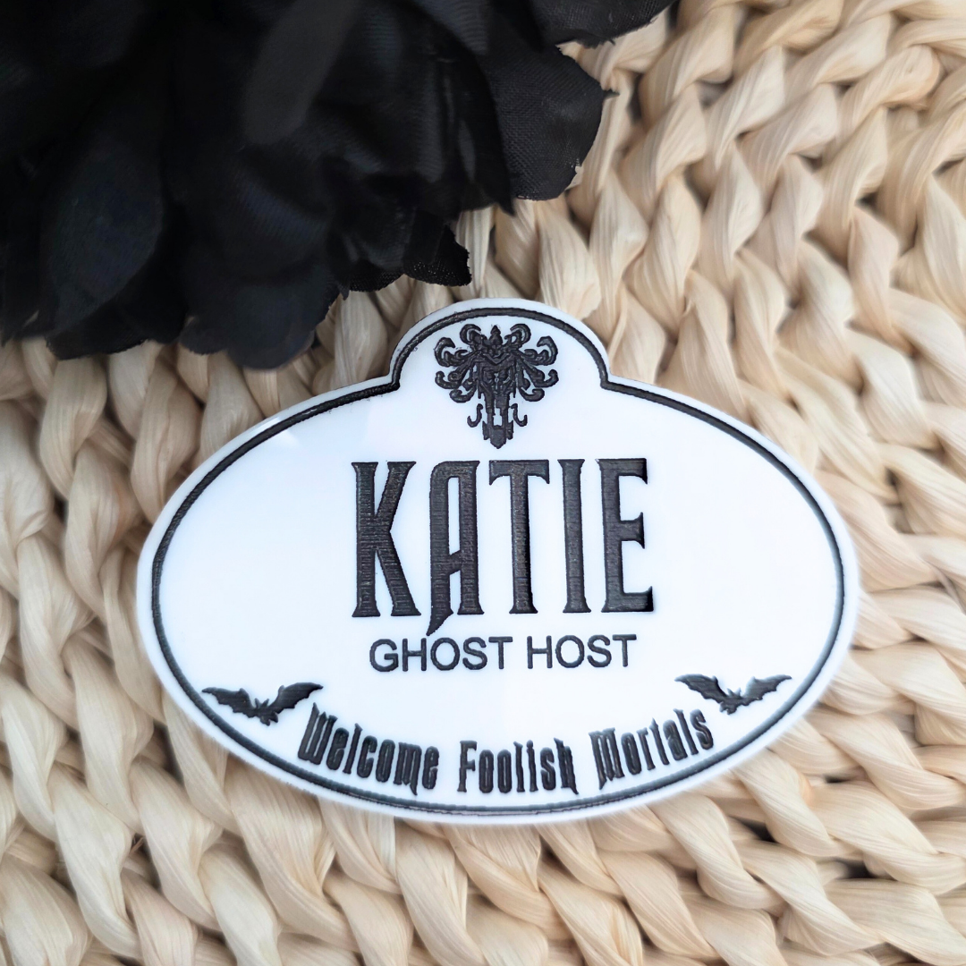 Personalized Haunted Mansion Cast Member Name Badge - Custom Acrylic Tag in Black or White - Spooky Souvenir Keepsake