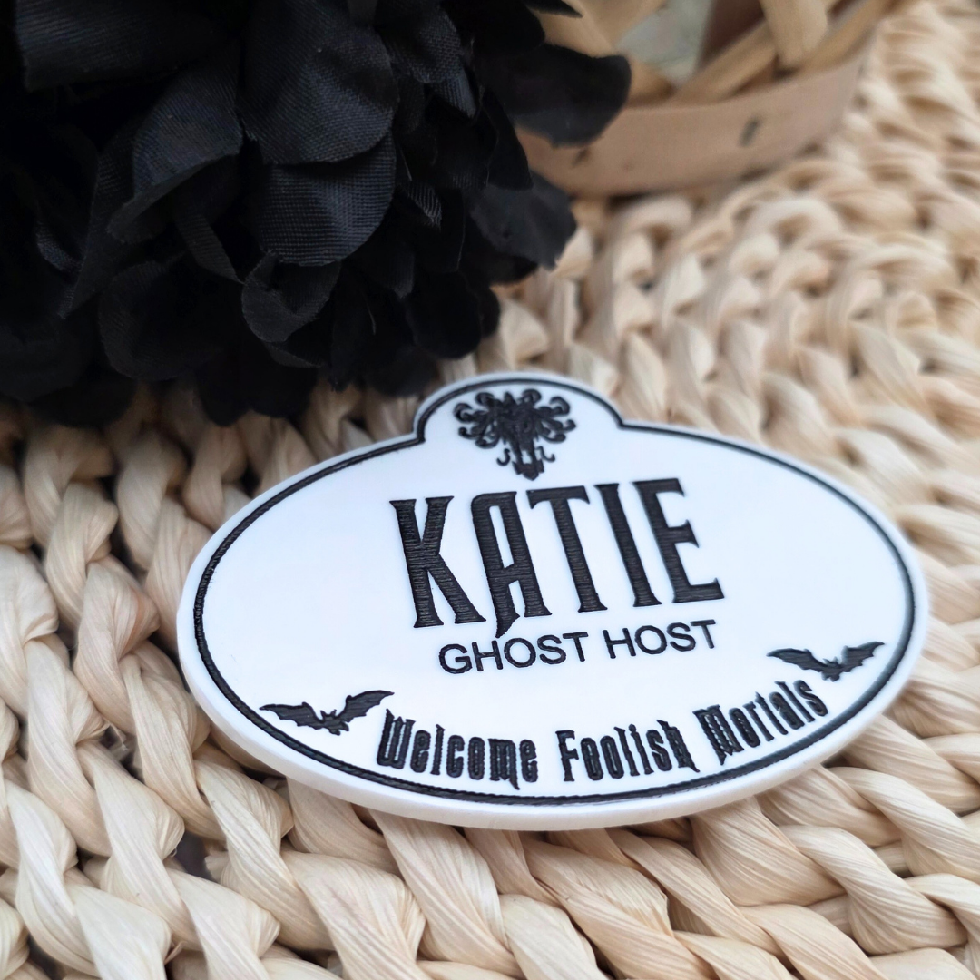 Personalized Haunted Mansion Cast Member Name Badge - Custom Acrylic Tag in Black or White - Spooky Souvenir Keepsake