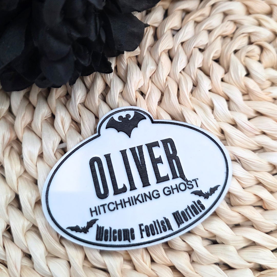 Personalized Haunted Mansion Cast Member Name Badge - Custom Acrylic Tag in Black or White - Spooky Souvenir Keepsake