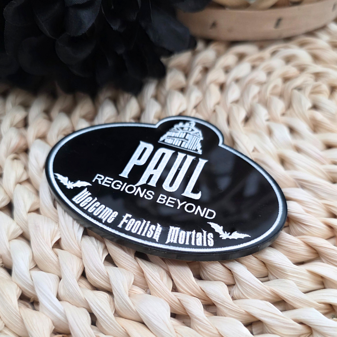 Personalized Haunted Mansion Cast Member Name Badge - Custom Acrylic Tag in Black or White - Spooky Souvenir Keepsake