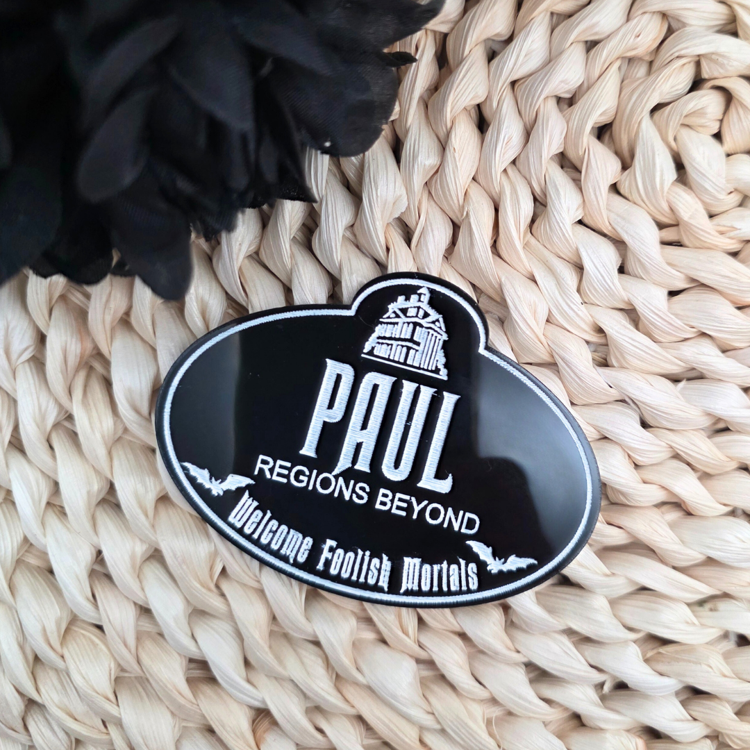 Personalized Haunted Mansion Cast Member Name Badge - Custom Acrylic Tag in Black or White - Spooky Souvenir Keepsake