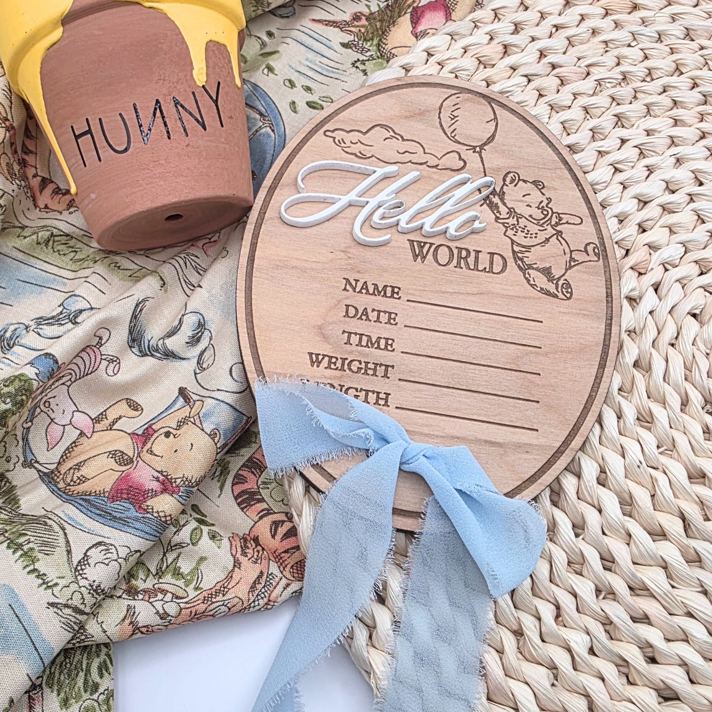 Pooh-Inspired Baby Stats Sign - Engraved Wood Birth Announcement | Scalloped or Oval | Acrylic “Hello” | Blue or Yellow Ribbon