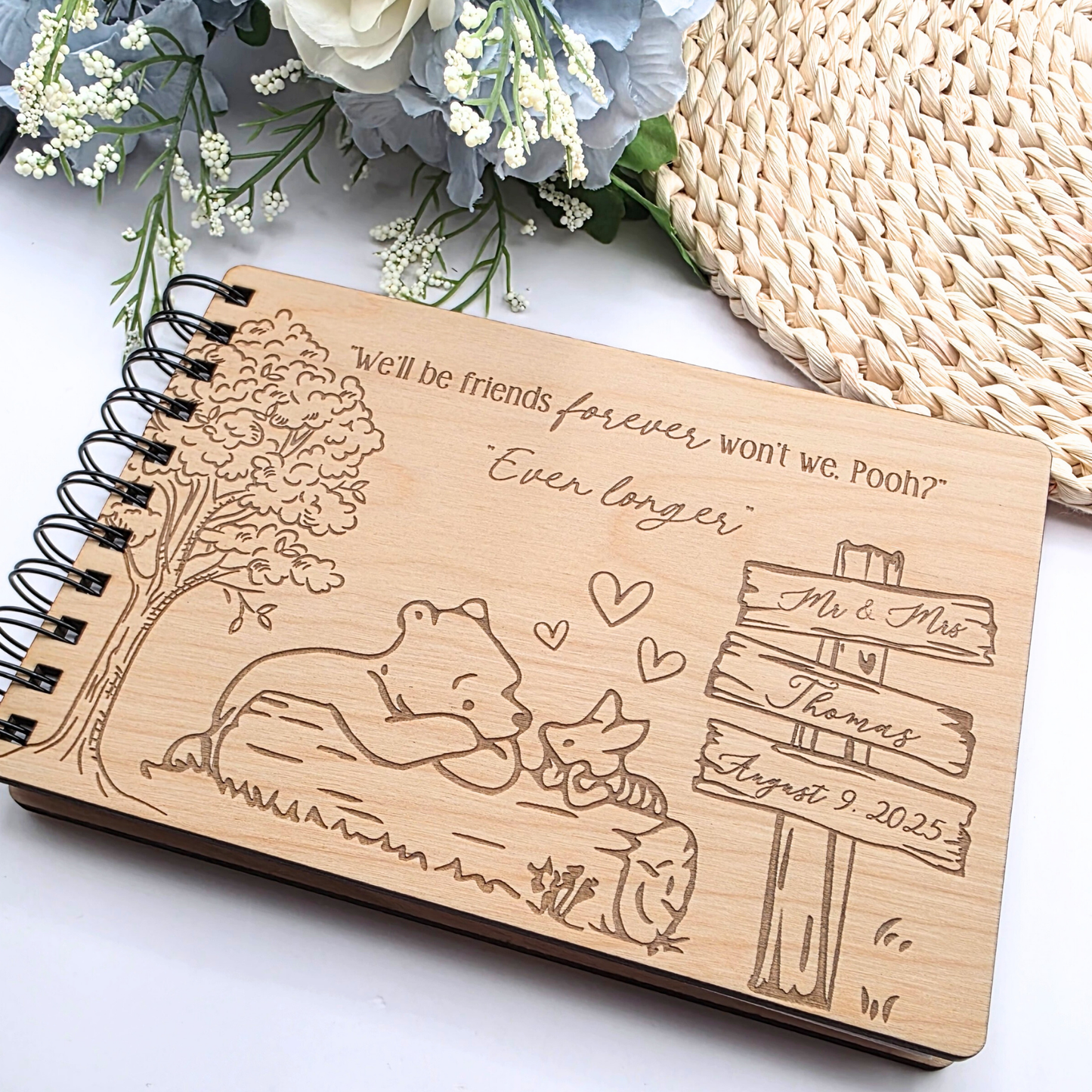 Woodland Friends Guest Book - Personalized Wedding or Baby Shower Book - A5 Wood Cover - Pooh Inspired Memory Keepsake