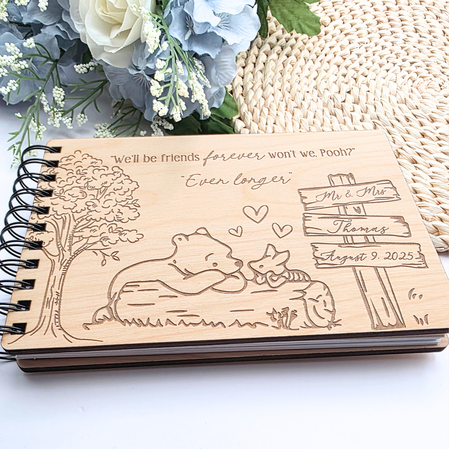 Woodland Friends Guest Book - Personalized Wedding or Baby Shower Book - A5 Wood Cover - Pooh Inspired Memory Keepsake