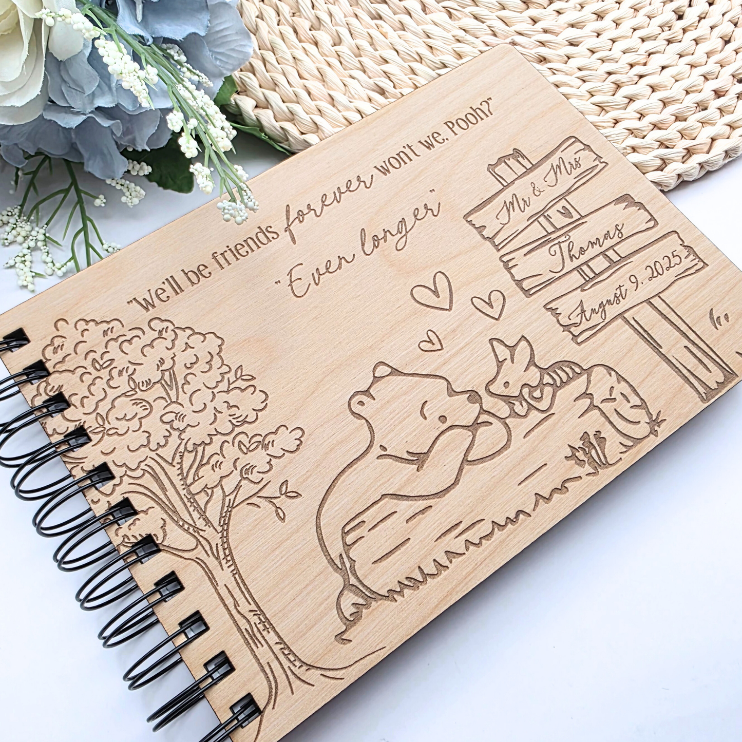 Woodland Friends Guest Book - Personalized Wedding or Baby Shower Book - A5 Wood Cover - Pooh Inspired Memory Keepsake