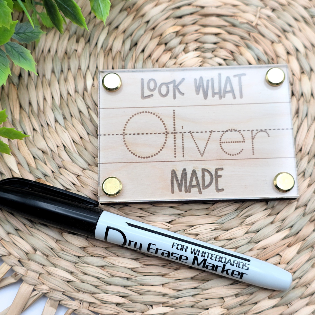 Custom “Look What I Made” Magnet | Dry Erase Name Tag for Kids | Fridge Art Display | Personalized or Blank | Laser Engraved Wood + Acrylic