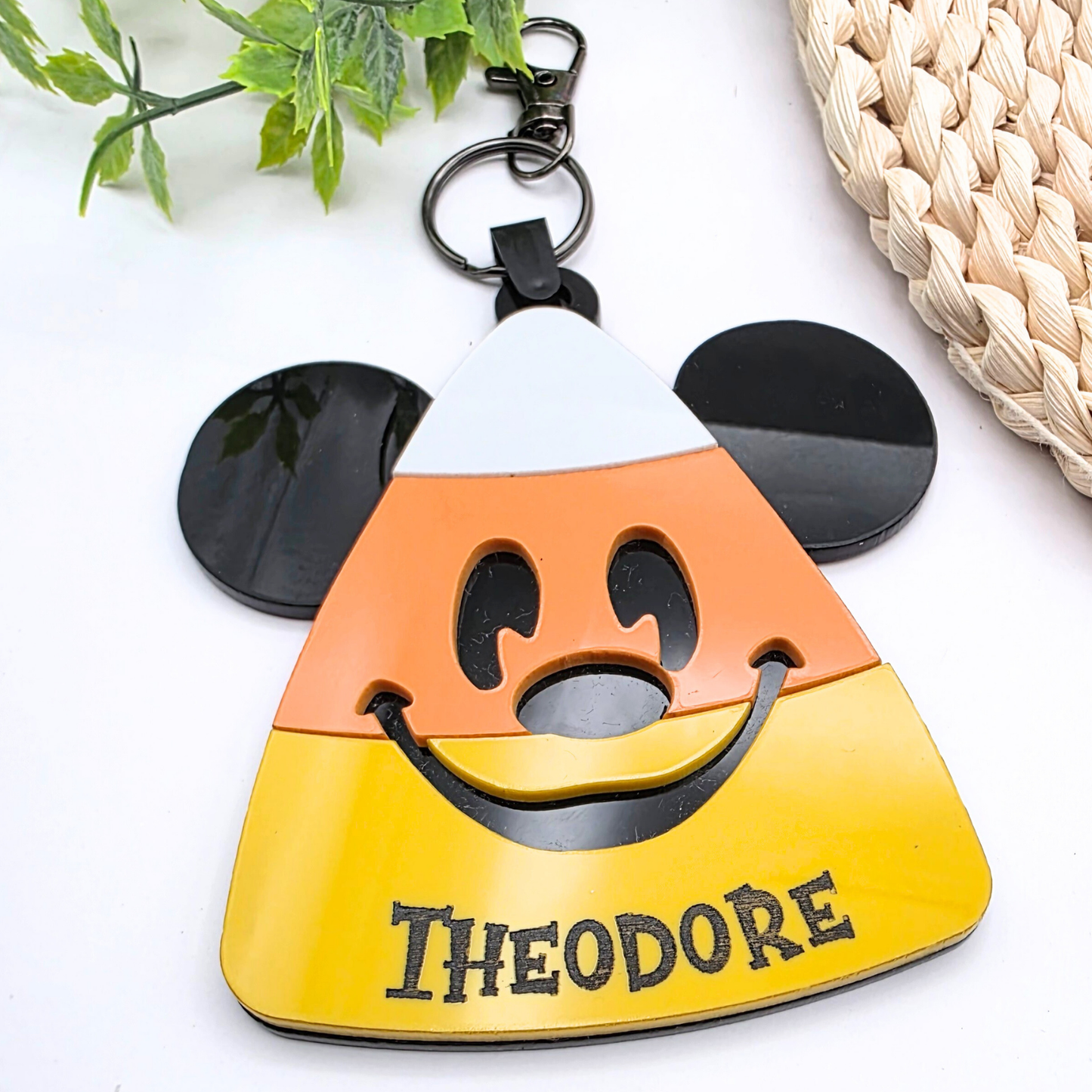Custom Candy Corn Halloween Bag Tag - Personalized Acrylic Boo Basket Name Keychain  Fall Bag Charm with Iconic Ears