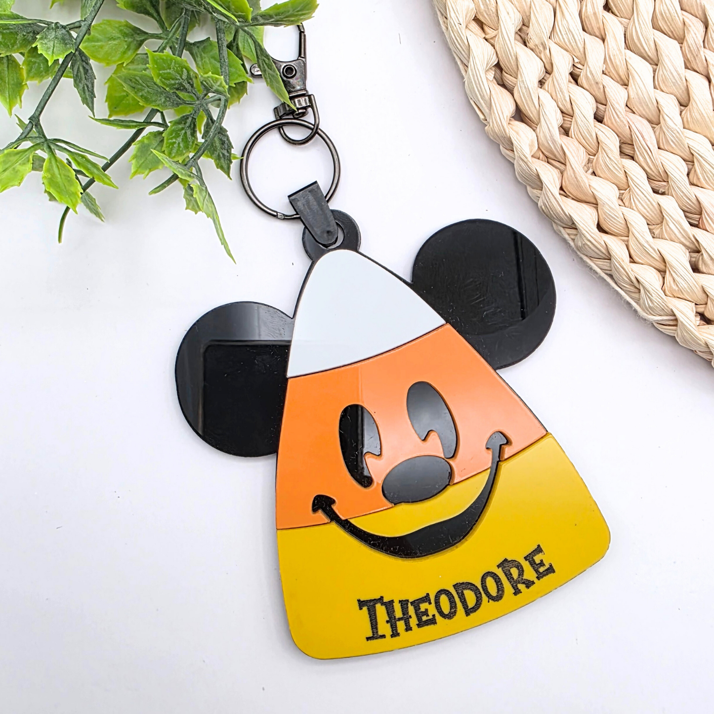 Custom Candy Corn Halloween Bag Tag - Personalized Acrylic Boo Basket Name Keychain  Fall Bag Charm with Iconic Ears