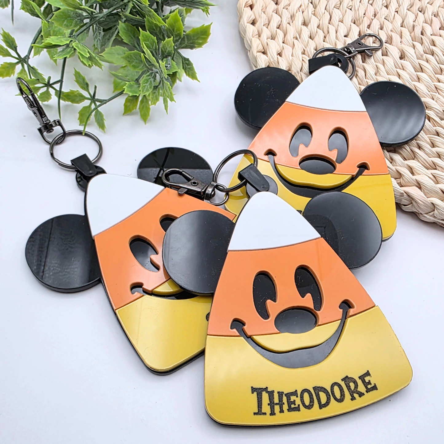 Custom Candy Corn Halloween Bag Tag - Personalized Acrylic Boo Basket Name Keychain  Fall Bag Charm with Iconic Ears