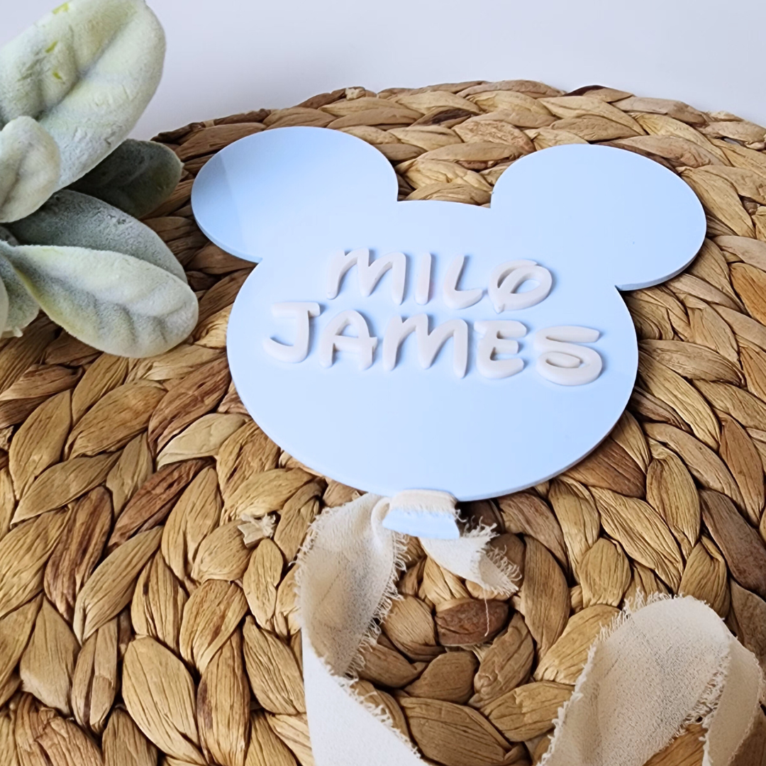 Mouse Ears Balloon Custom Acrylic Baby Name Announcement