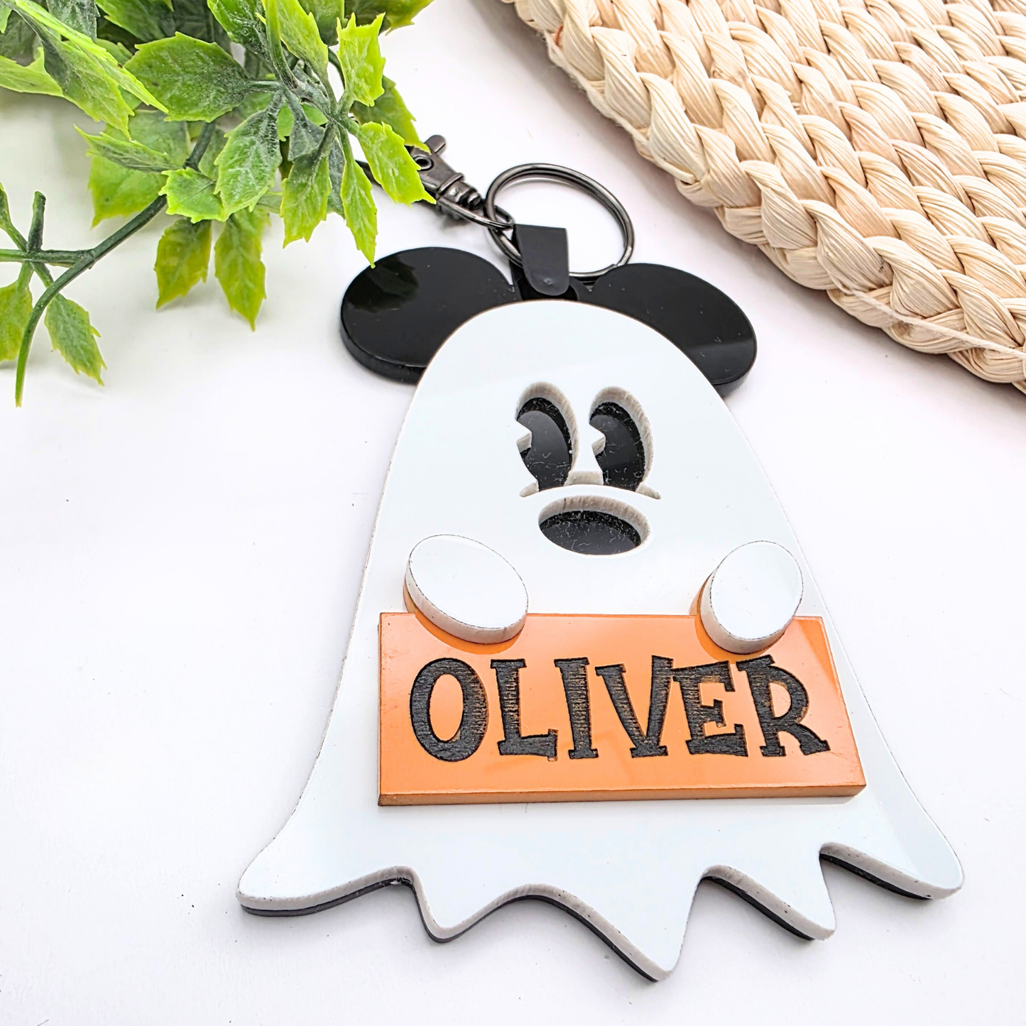 Personalized Ghost Halloween Bag Tag - Boo Basket Name Tag - Cute Ghost Keychain - Glitter Bow or Classic Ears - Spooky Gift Idea