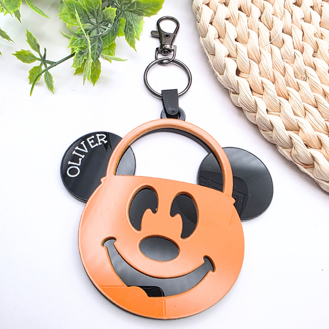 Personalized Pumpkin Bucket Bag Tag | Halloween Keychain with Name | Inspired Boo Basket Tag | Choose Bow or No Bow