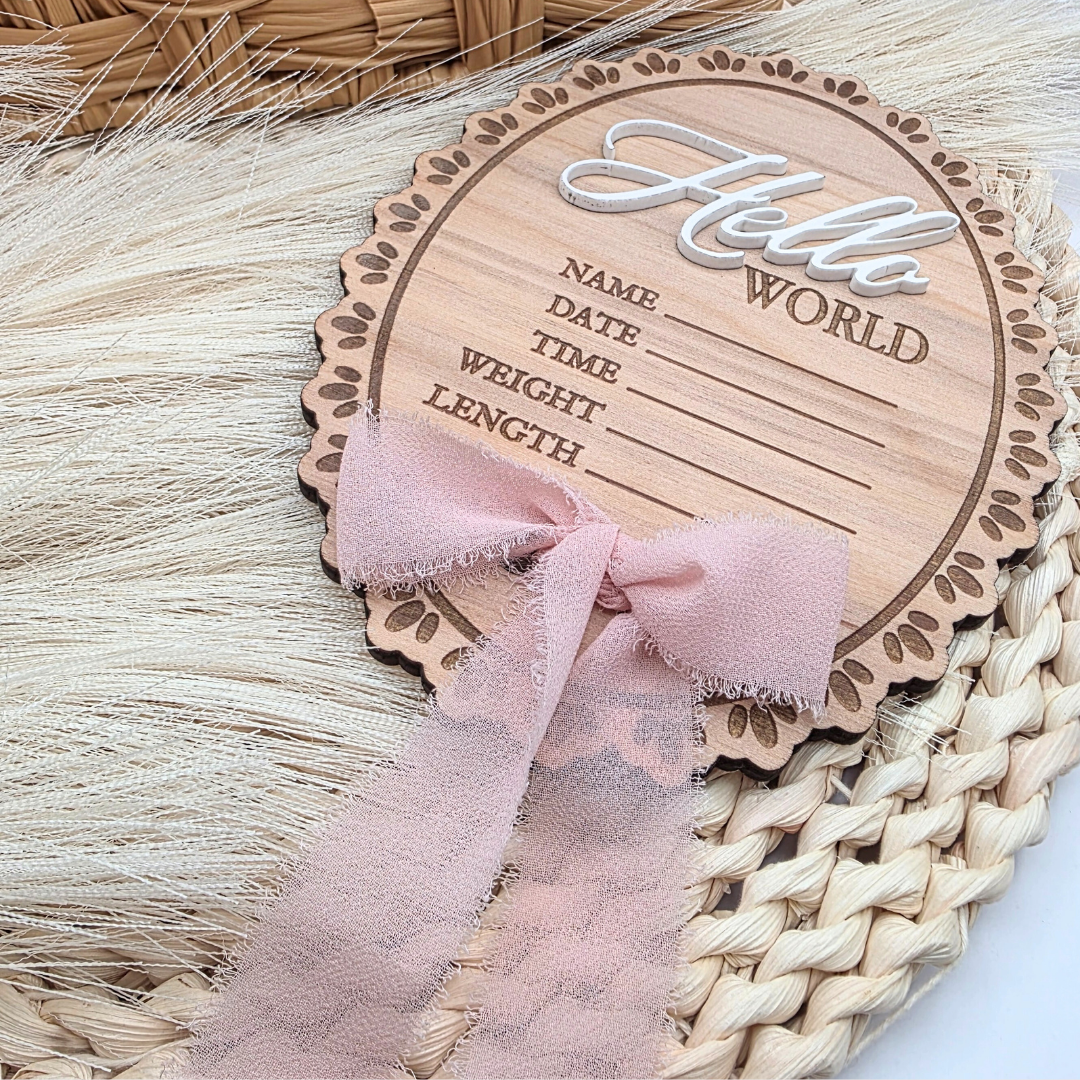 Hello World Baby Stat Sign - Oval Birth Announcement with Bow - 3D Acrylic Name Plaque - Newborn Photo Prop - Keepsake for Baby Girl or Boy
