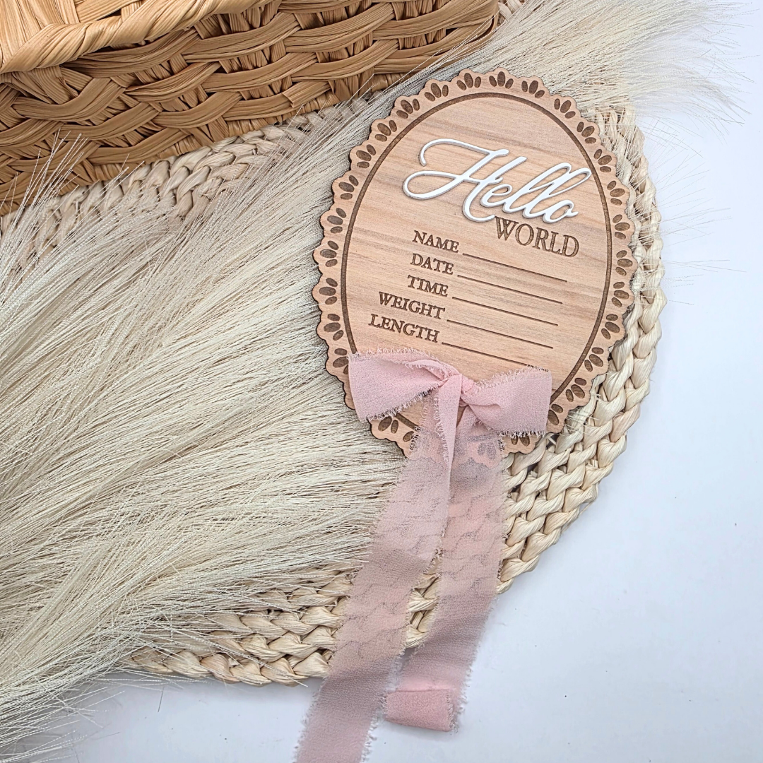 Hello World Baby Stat Sign - Oval Birth Announcement with Bow - 3D Acrylic Name Plaque - Newborn Photo Prop - Keepsake for Baby Girl or Boy