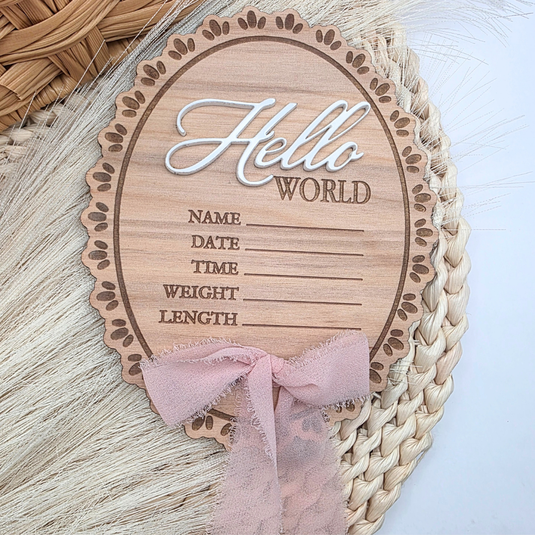 Hello World Baby Stat Sign - Oval Birth Announcement with Bow - 3D Acrylic Name Plaque - Newborn Photo Prop - Keepsake for Baby Girl or Boy