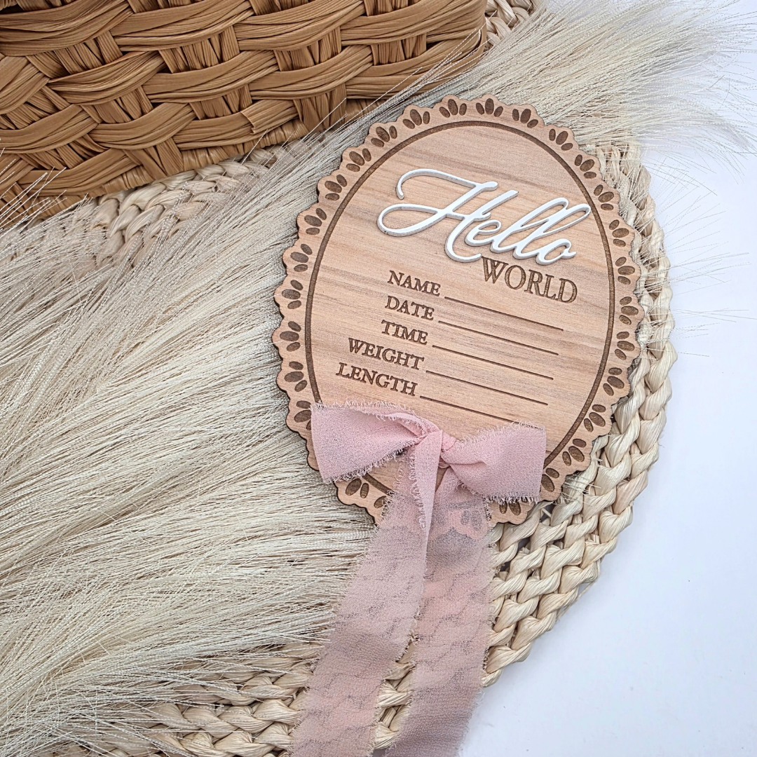 Hello World Baby Stat Sign - Oval Birth Announcement with Bow - 3D Acrylic Name Plaque - Newborn Photo Prop - Keepsake for Baby Girl or Boy