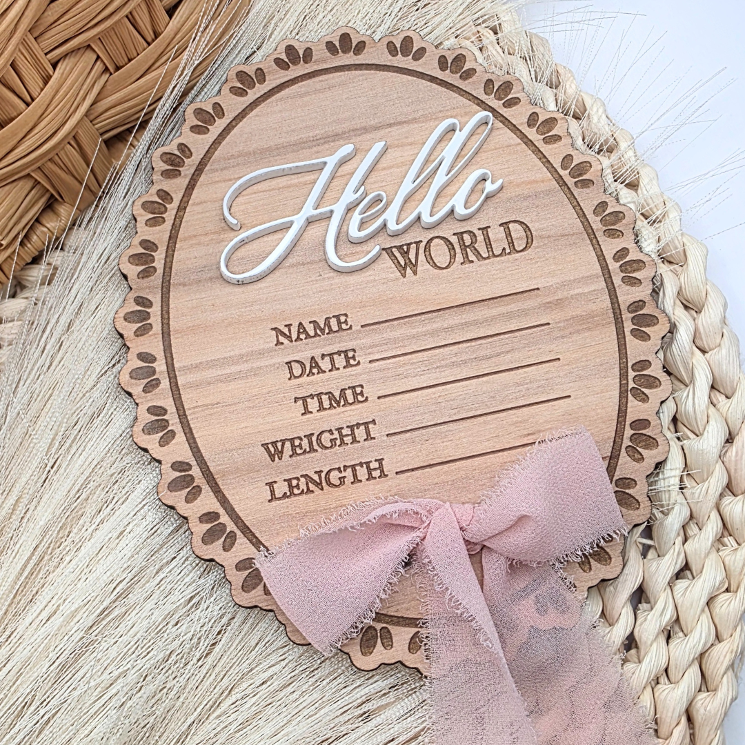 Hello World Baby Stat Sign - Oval Birth Announcement with Bow - 3D Acrylic Name Plaque - Newborn Photo Prop - Keepsake for Baby Girl or Boy