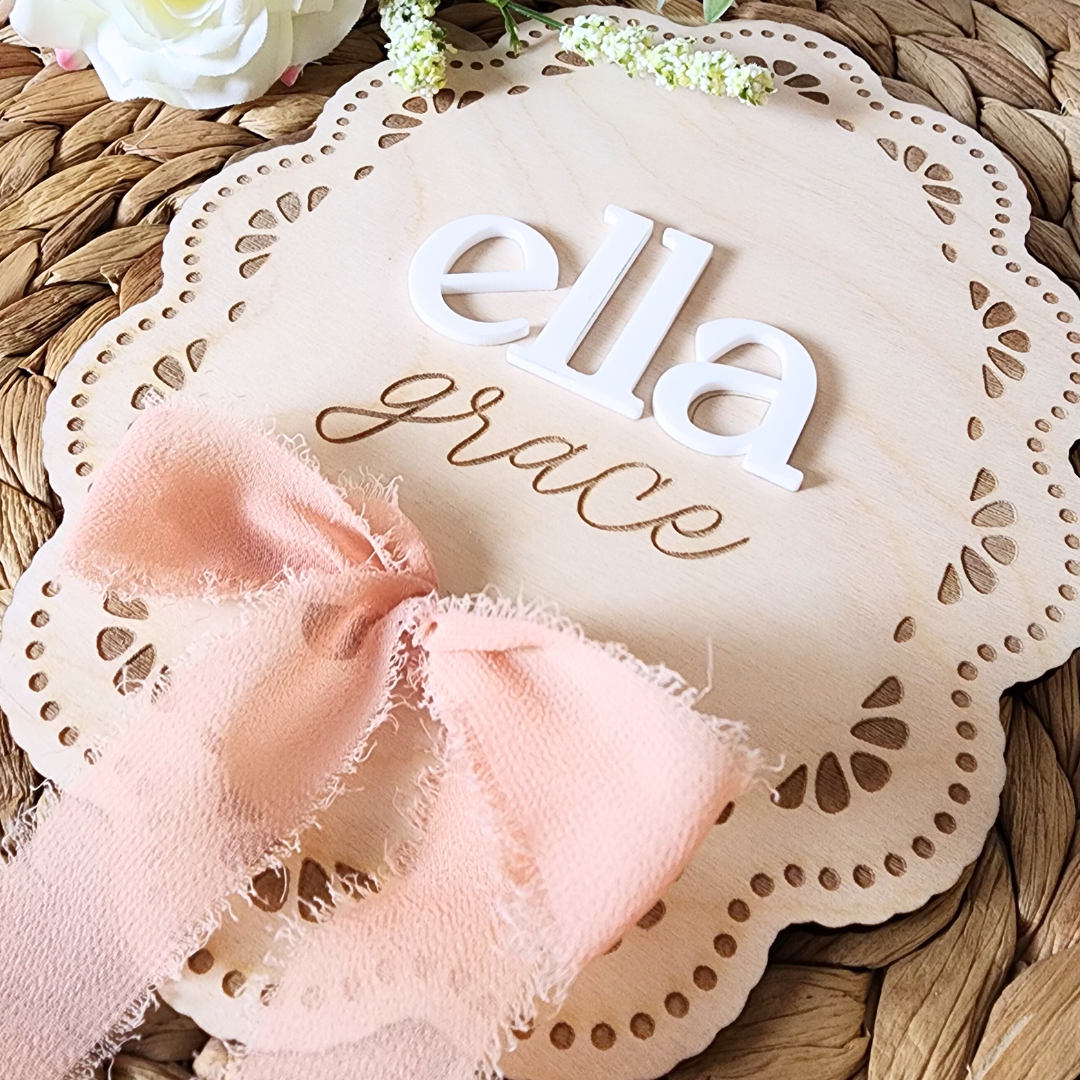 Oval Lace Baby Name Announcement Sign