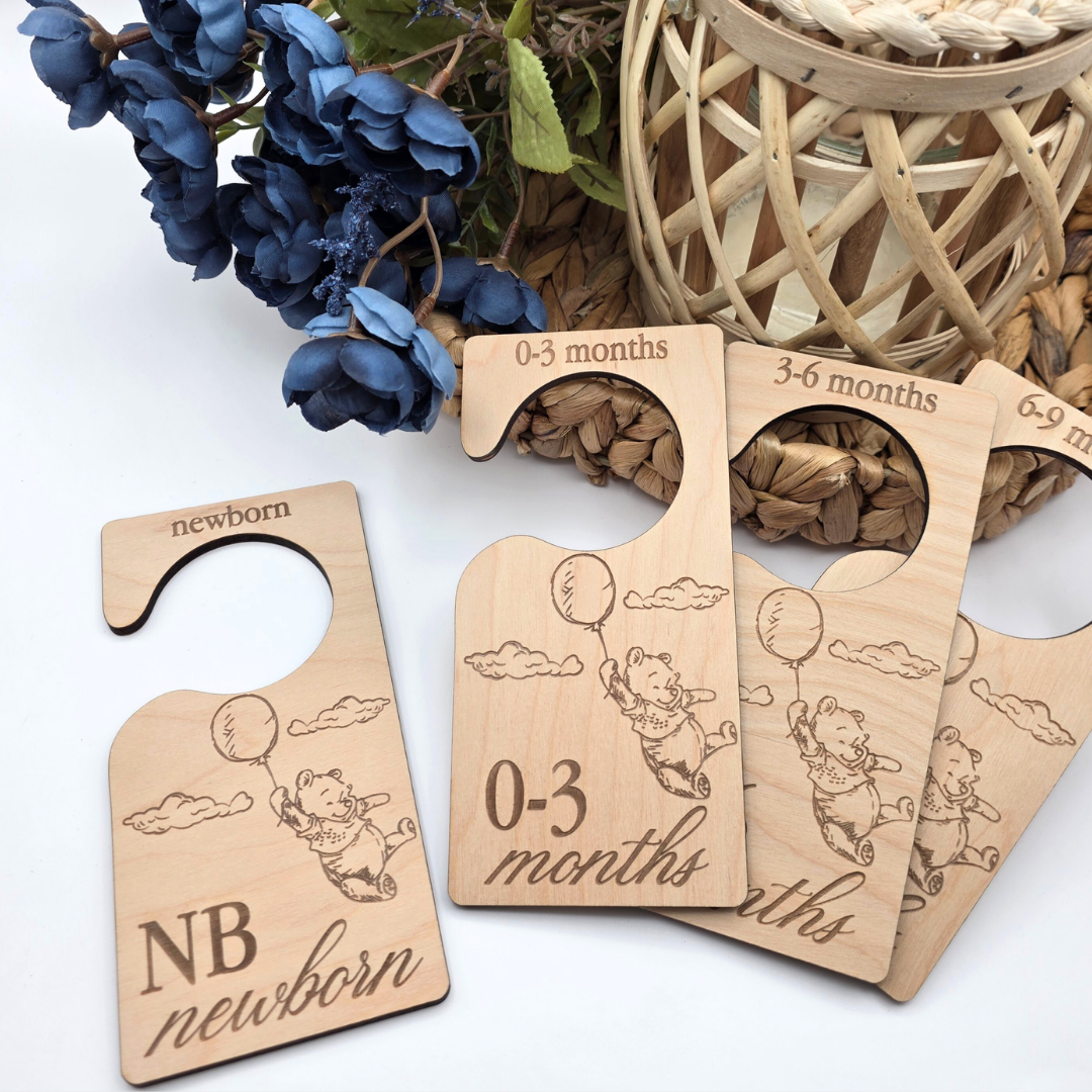 Wooden Baby Closet Dividers - Pooh Bear Balloon Engraved Nursery Organizers - Baby Shower Gift Set of 7 Hangers
