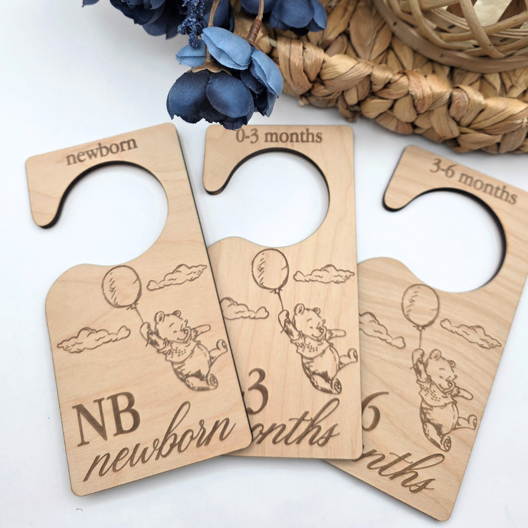 Wooden Baby Closet Dividers - Pooh Bear Balloon Engraved Nursery Organizers - Baby Shower Gift Set of 7 Hangers