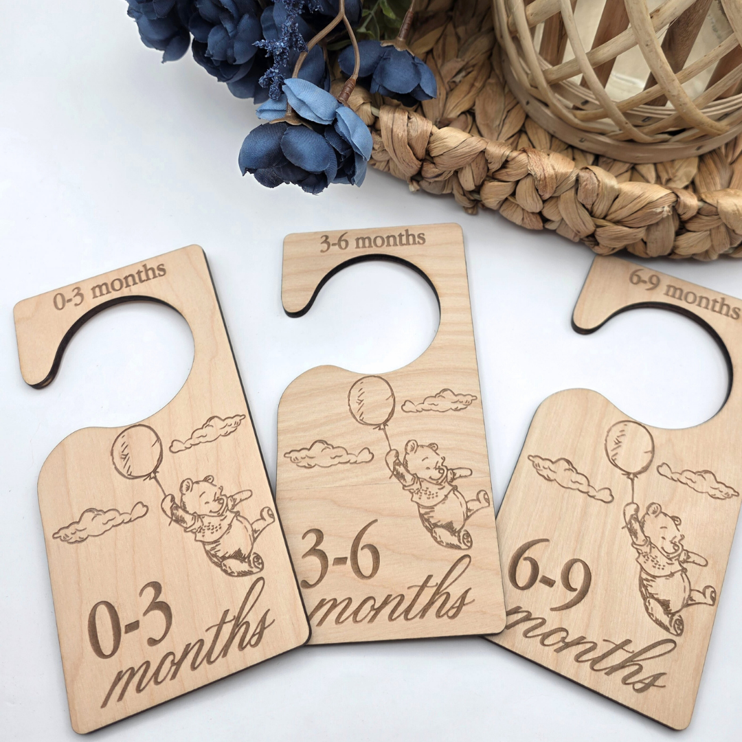 Wooden Baby Closet Dividers - Pooh Bear Balloon Engraved Nursery Organizers - Baby Shower Gift Set of 7 Hangers