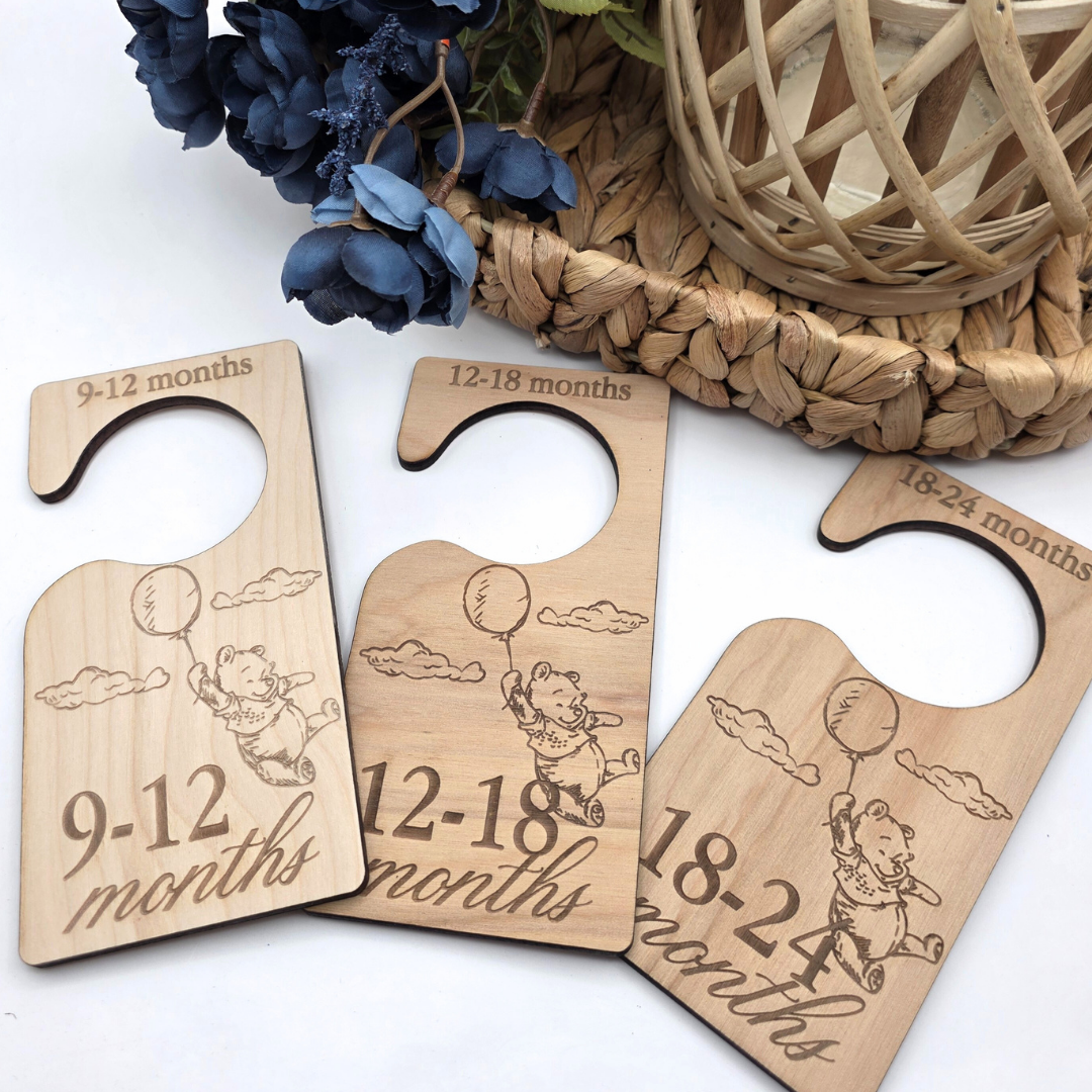 Wooden Baby Closet Dividers - Pooh Bear Balloon Engraved Nursery Organizers - Baby Shower Gift Set of 7 Hangers