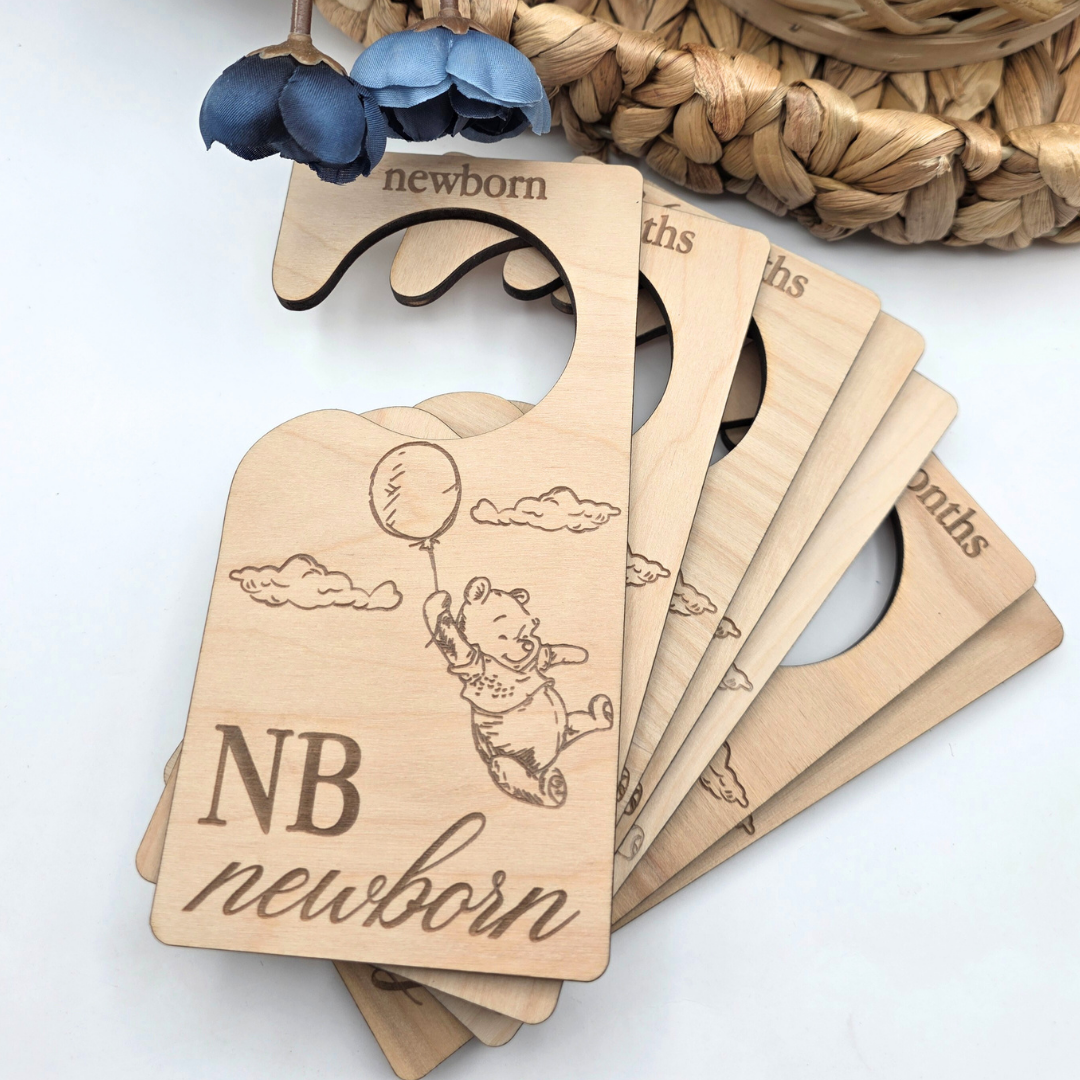 Wooden Baby Closet Dividers - Pooh Bear Balloon Engraved Nursery Organizers - Baby Shower Gift Set of 7 Hangers
