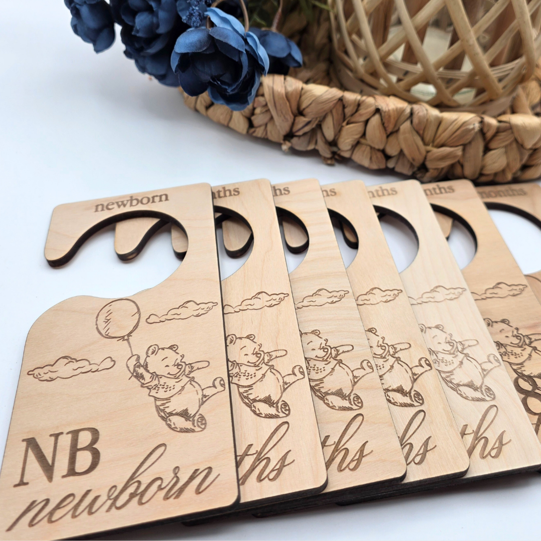 Wooden Baby Closet Dividers - Pooh Bear Balloon Engraved Nursery Organizers - Baby Shower Gift Set of 7 Hangers