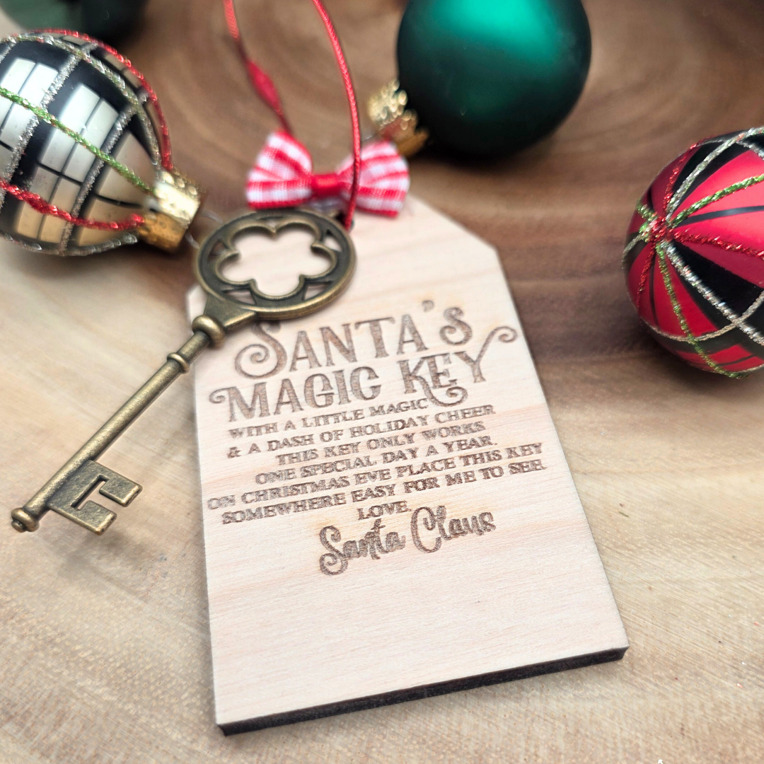 Santa’s Magic Key Ornament | Engraved Birch Wood Tag with Antique Key & Bow | Christmas Eve Tradition Keepsake for Kids