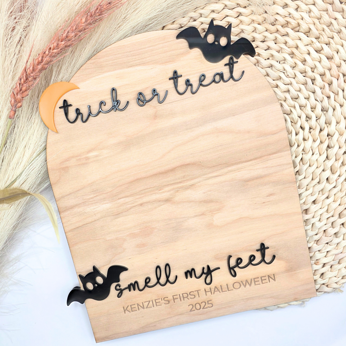 Trick or Treat, Smell My Feet - Baby Footprint Halloween Board - Personalized Bat & Moon Keepsake - DIY Halloween Memory Sign
