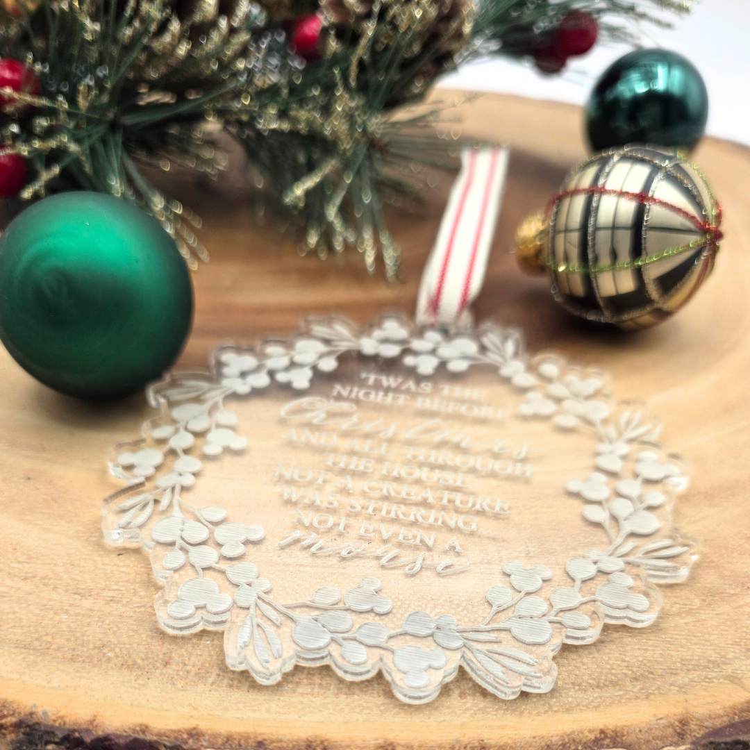 Twas the Night Before Christmas Ornament | Engraved Clear Acrylic Wreath with Hidden Mouse Heads | Holiday Keepsake Gift