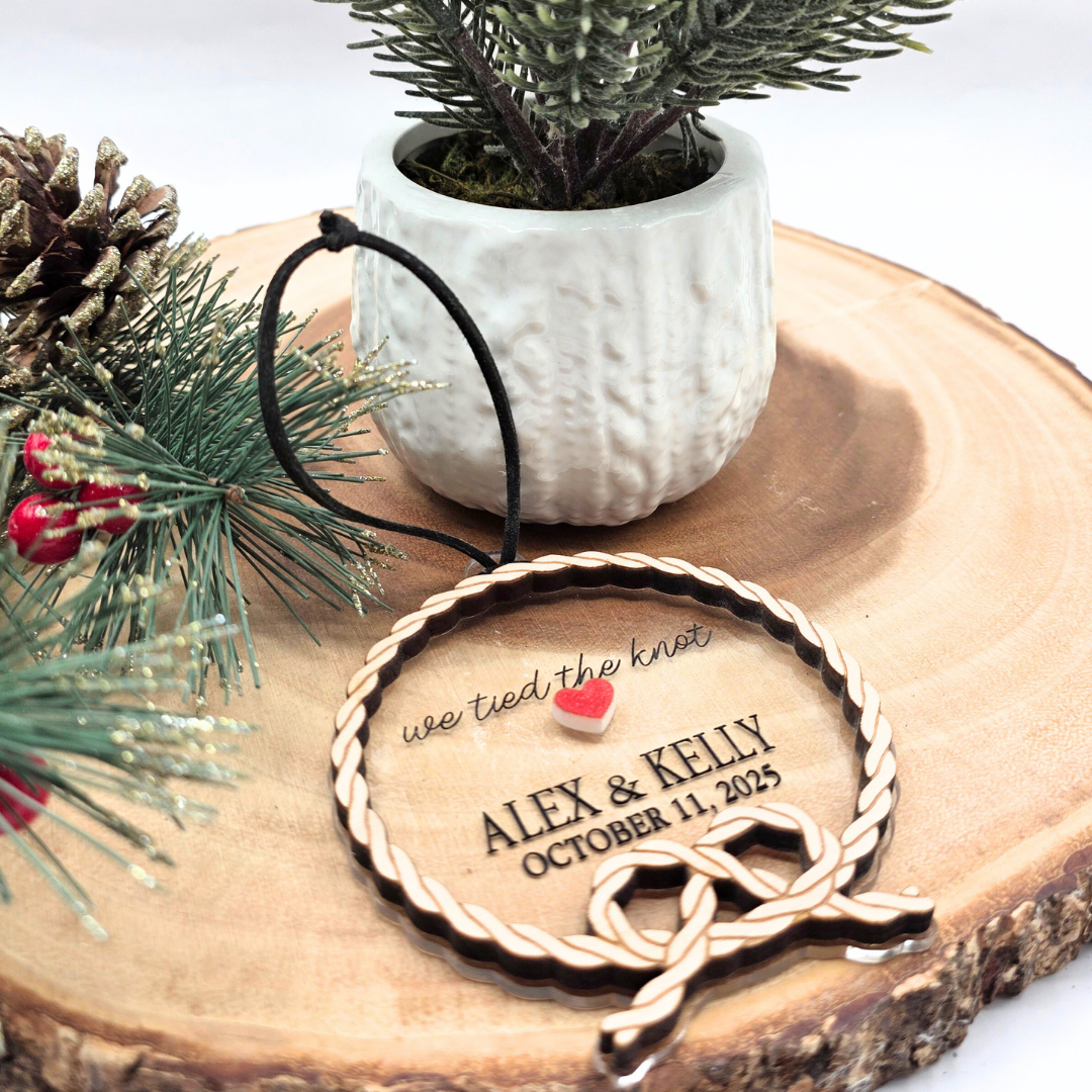 Personalized “We Tied the Knot” Ornament - Wood & Clear Acrylic Wedding Keepsake