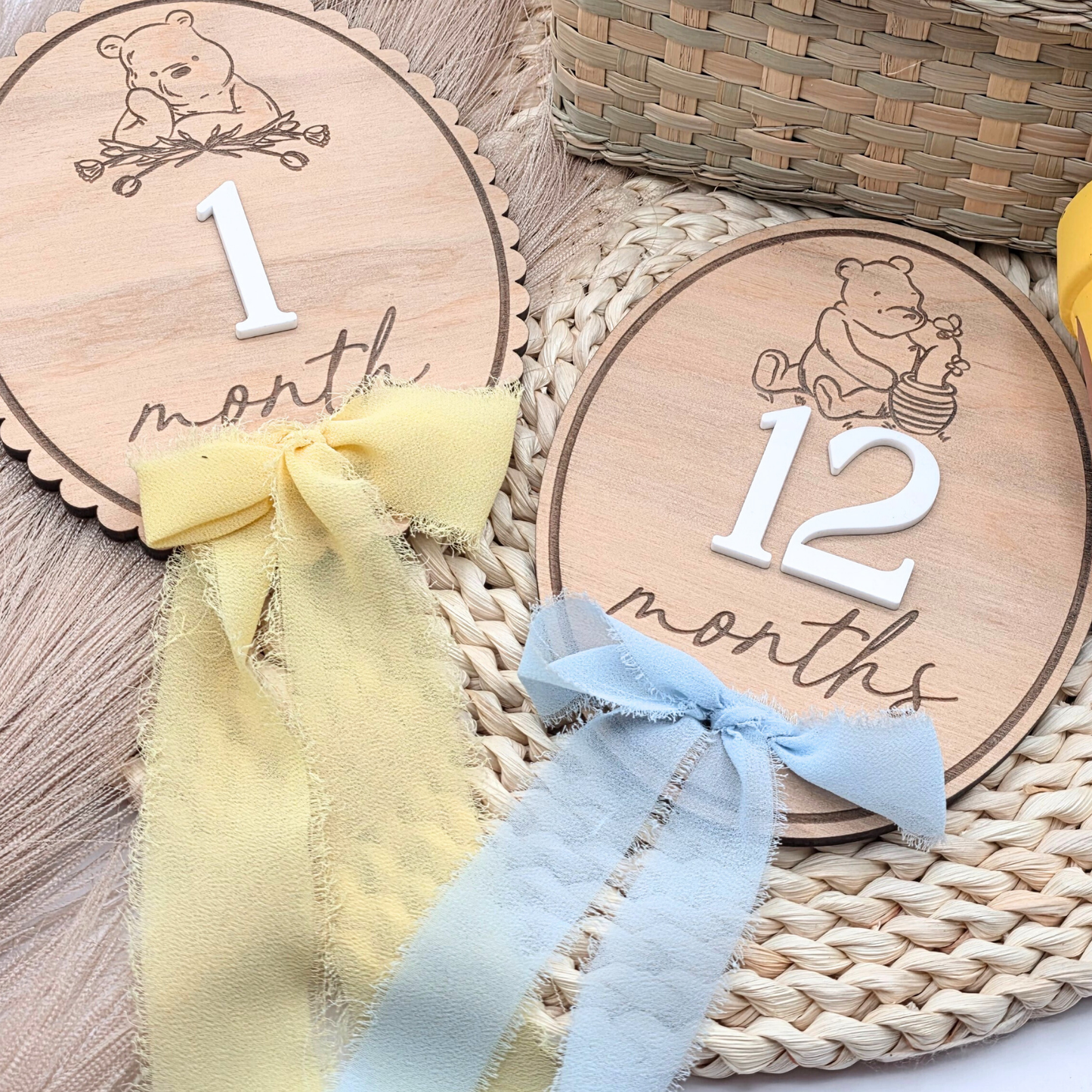 Pooh-Inspired Baby Milestone Marker - Double-Sided Birch Plaque | Acrylic Numbers | Scalloped or Oval | Blue or Yellow Ribbon