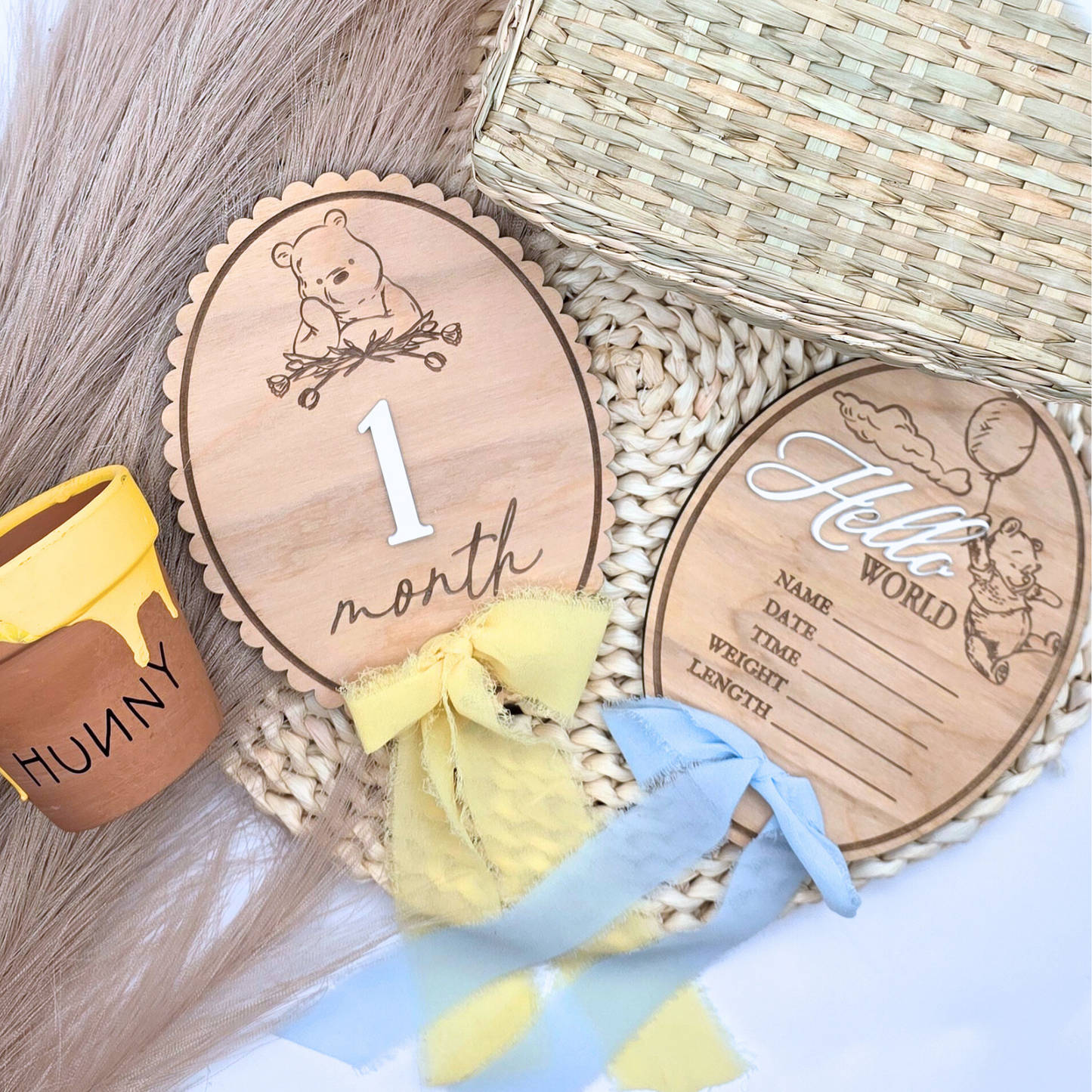 Pooh-Inspired Baby Milestone Marker - Double-Sided Birch Plaque | Acrylic Numbers | Scalloped or Oval | Blue or Yellow Ribbon