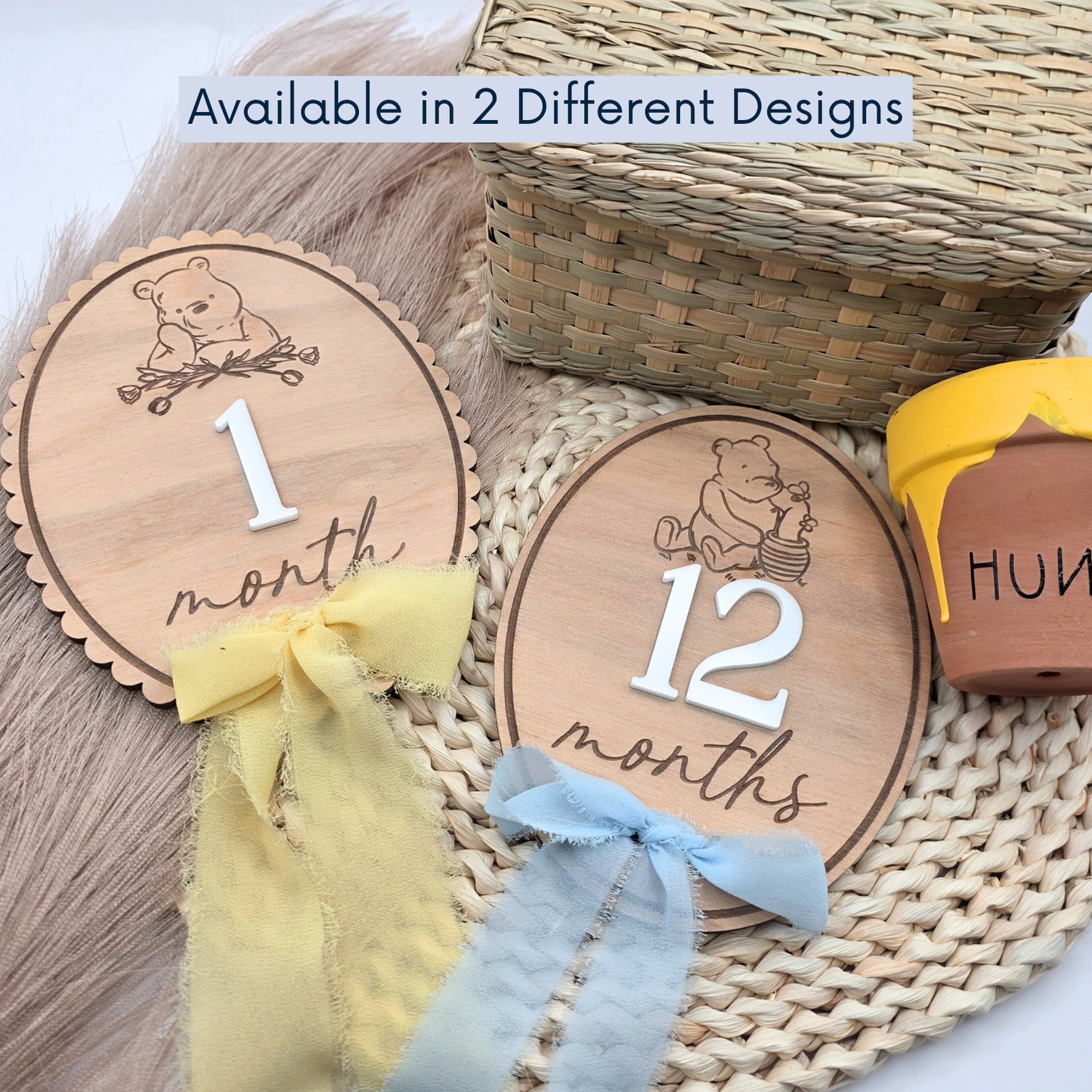 Pooh-Inspired Baby Milestone Marker - Double-Sided Birch Plaque | Acrylic Numbers | Scalloped or Oval | Blue or Yellow Ribbon