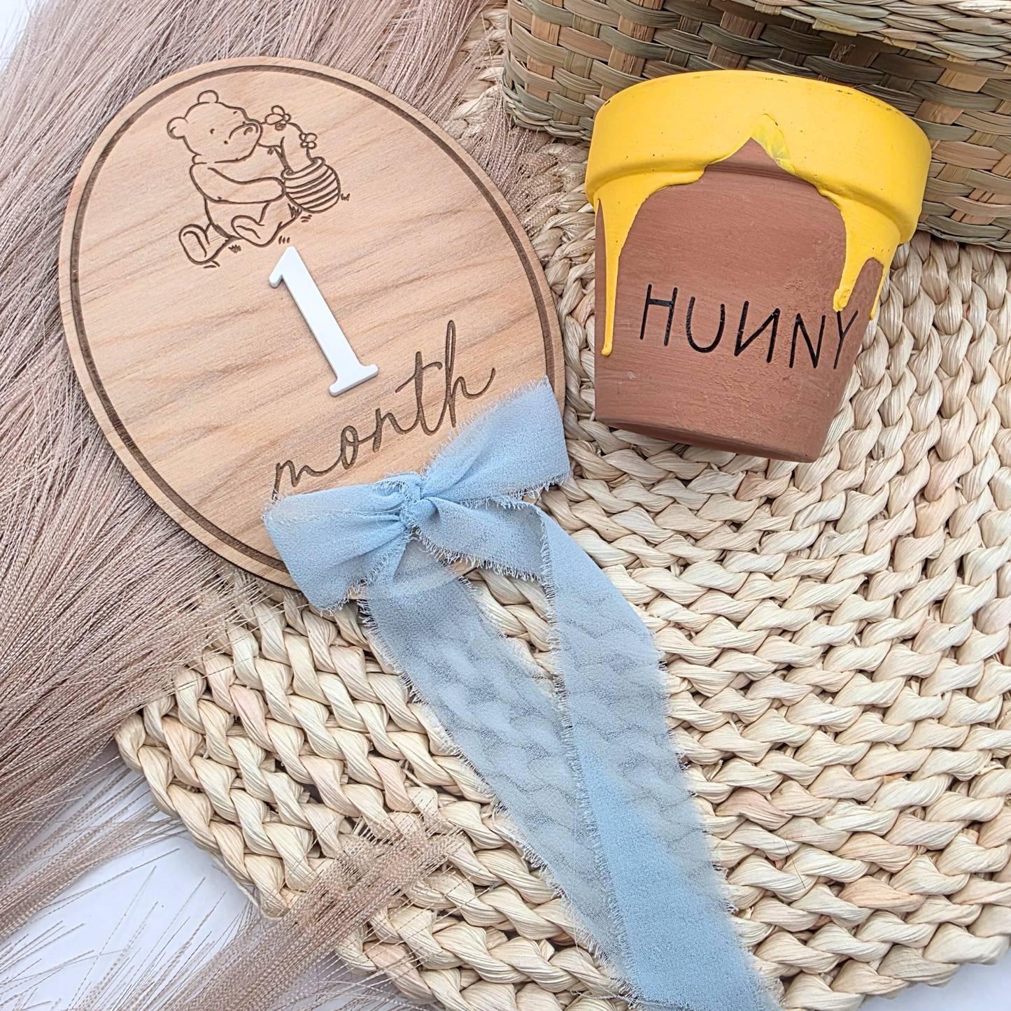 Pooh-Inspired Baby Milestone Marker - Double-Sided Birch Plaque | Acrylic Numbers | Scalloped or Oval | Blue or Yellow Ribbon