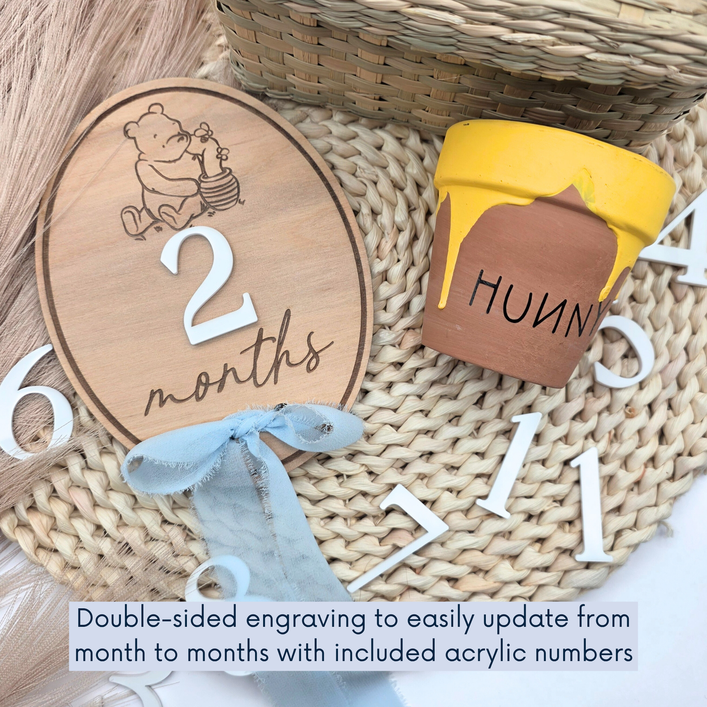 Pooh-Inspired Baby Milestone Marker - Double-Sided Birch Plaque | Acrylic Numbers | Scalloped or Oval | Blue or Yellow Ribbon