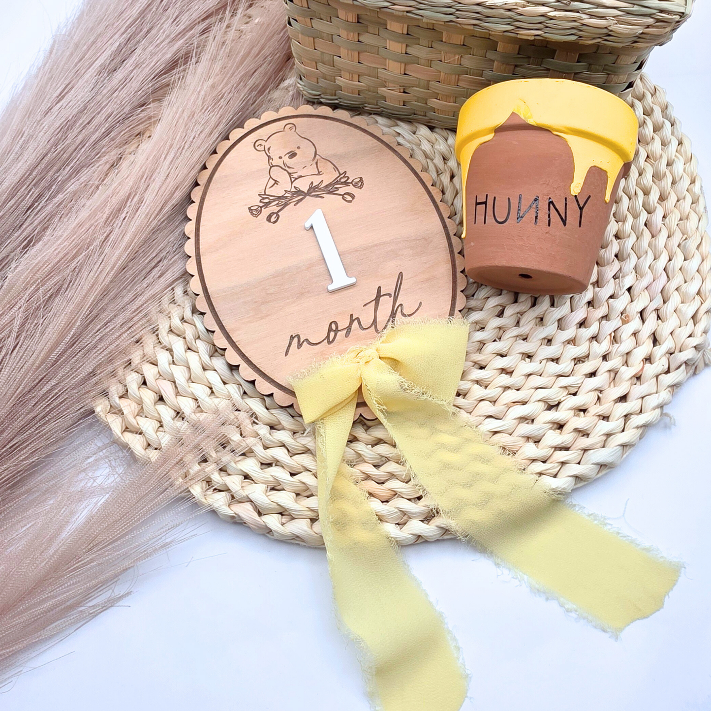 Pooh-Inspired Baby Milestone Marker - Double-Sided Birch Plaque | Acrylic Numbers | Scalloped or Oval | Blue or Yellow Ribbon