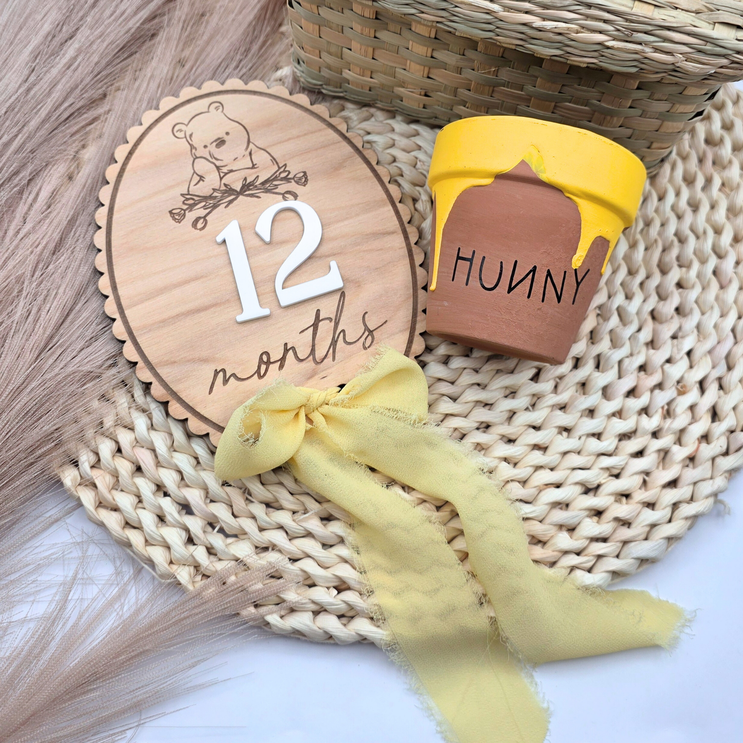 Pooh-Inspired Baby Milestone Marker - Double-Sided Birch Plaque | Acrylic Numbers | Scalloped or Oval | Blue or Yellow Ribbon