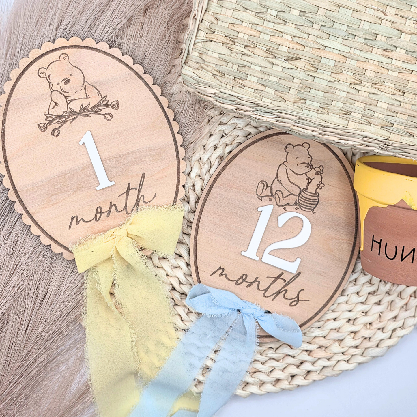 Pooh-Inspired Baby Milestone Marker - Double-Sided Birch Plaque | Acrylic Numbers | Scalloped or Oval | Blue or Yellow Ribbon