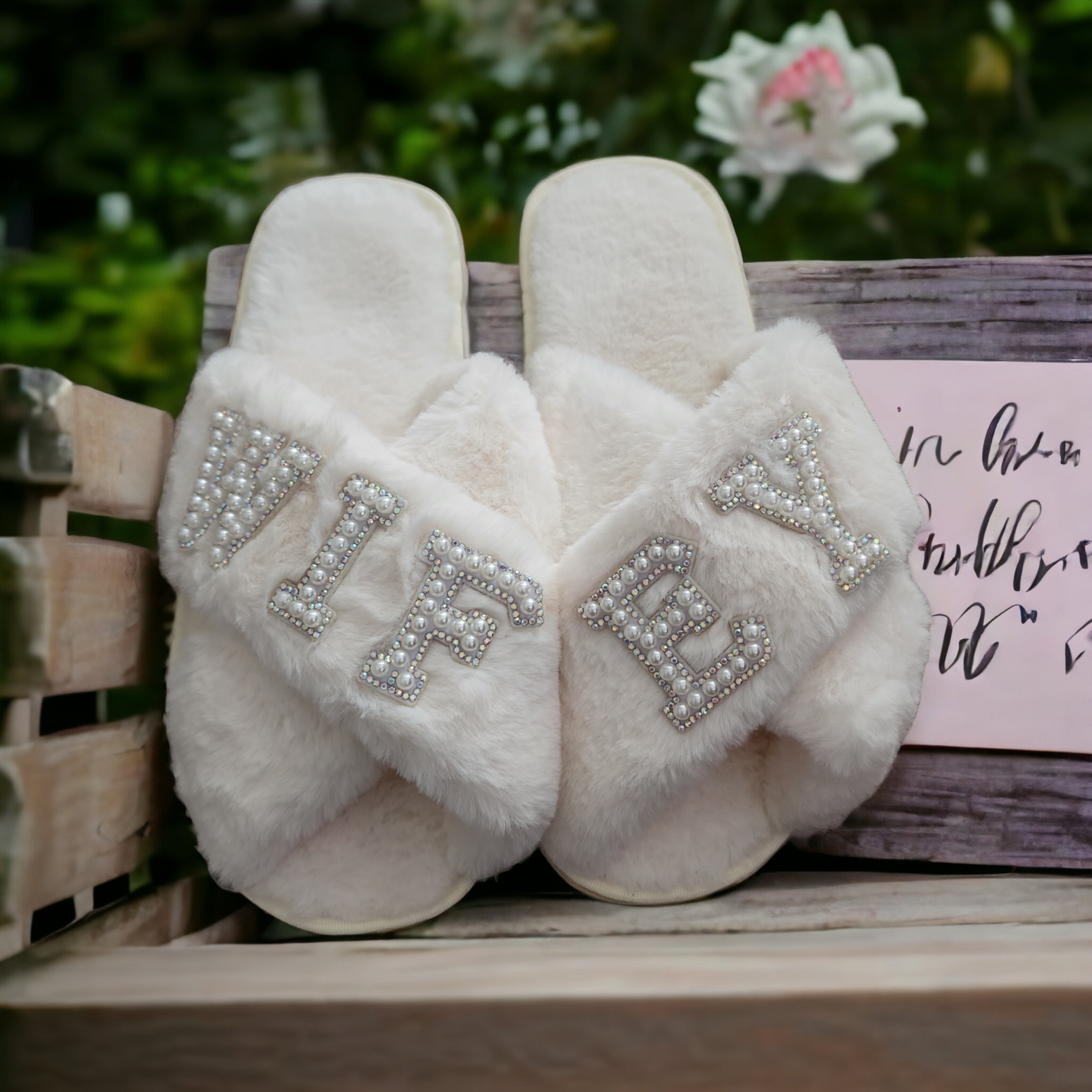 WIFEY PEARL & RHINESTONE FLUFFY SLIPPERS