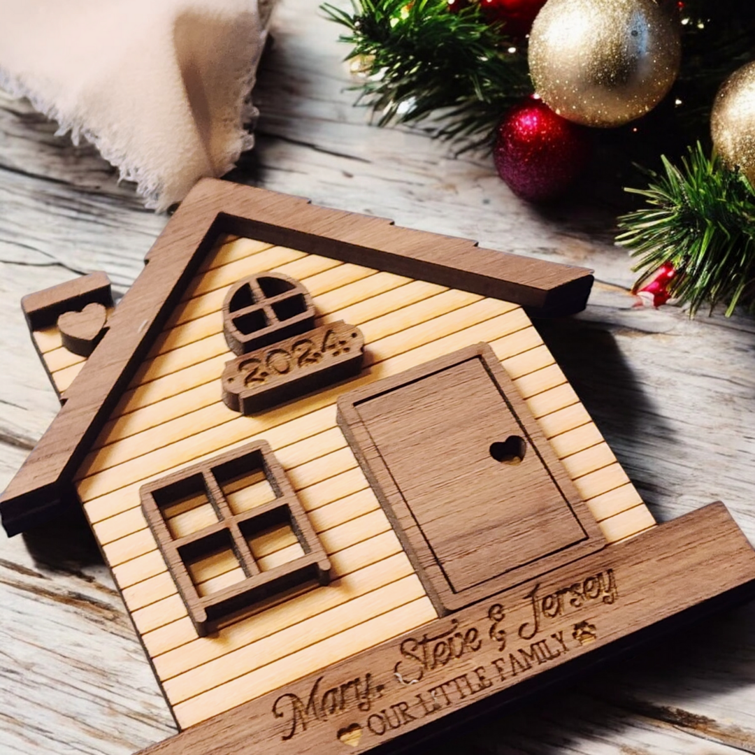 2 Tone Wood House Ornament