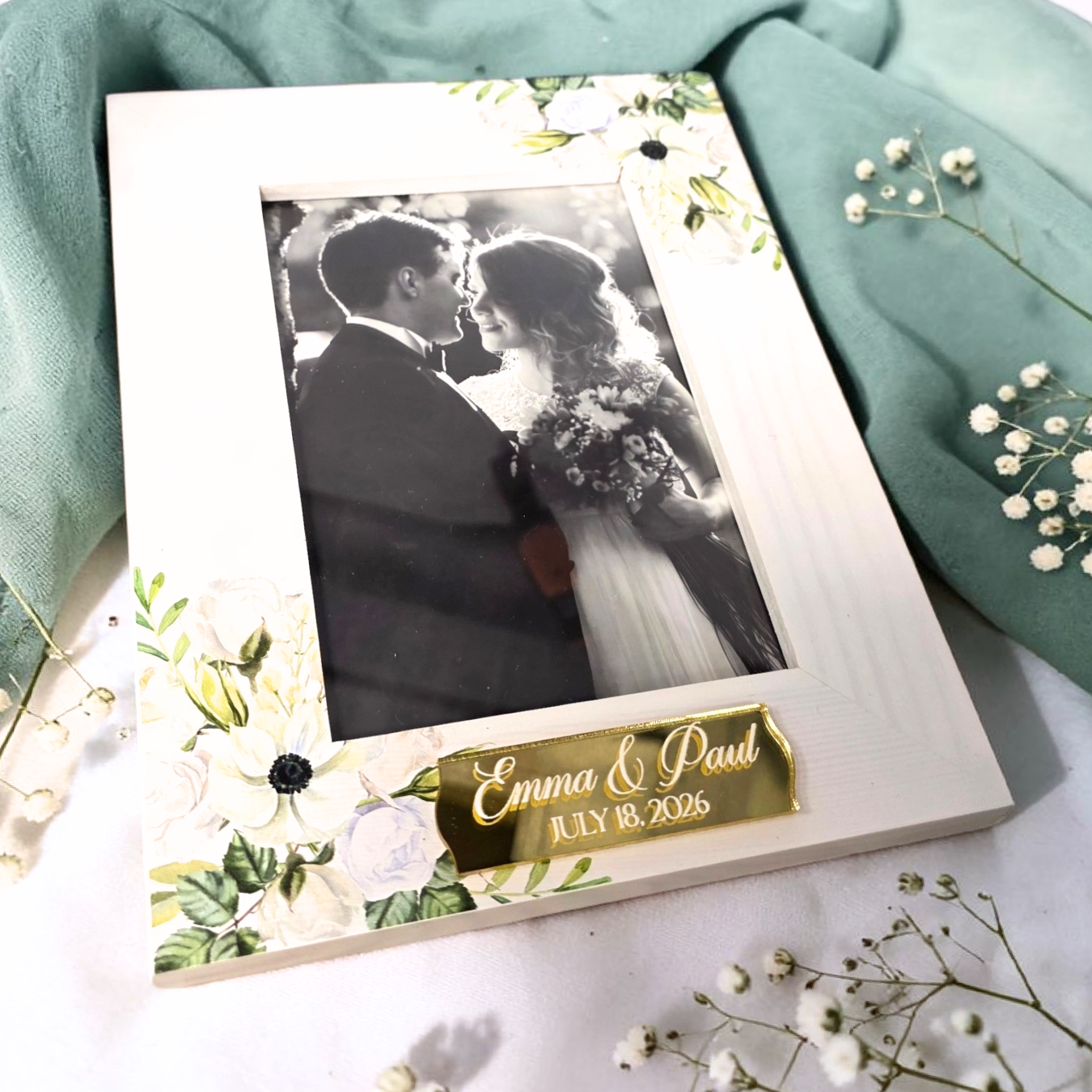 Floral Wedding Wood Photo Frame - Personalized Name Bridal 4x6 Picture Keepsake
